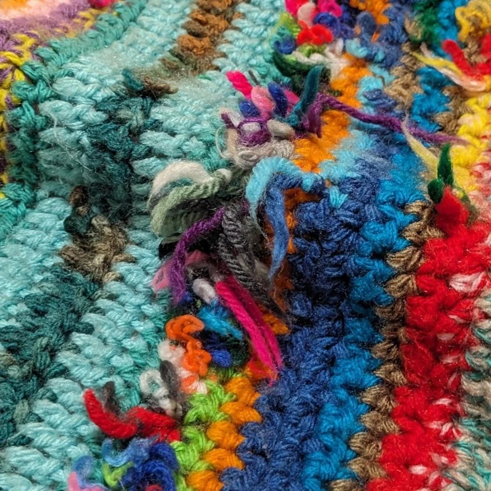 Handmade Crochet Scrap Yarn Blanket Multi Color Boho Striped Throw Scallop Edge